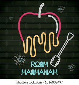 Rosh Hashanah neon poster with an apple and honey dipper - Vector