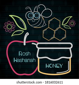 Rosh Hashanah neon poster with an apple and honey glass - Vector