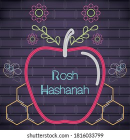 Rosh Hashanah neon poster with an apple - Vector