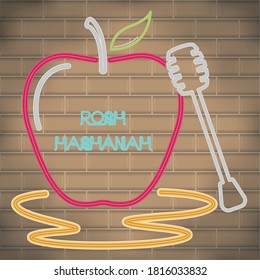 Rosh Hashanah neon poster with an apple and honey dipper - Vector