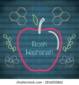 Rosh Hashanah neon poster with an apple - Vector