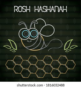 Rosh Hashanah neon poster with a bee cartoon - Vector