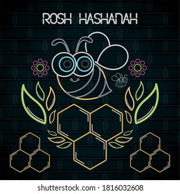 Rosh Hashanah neon poster with a bee cartoon - Vector