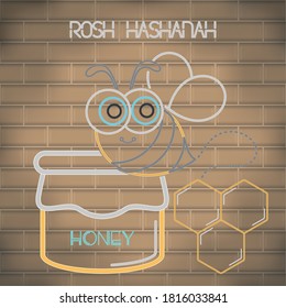 Rosh Hashanah neon poster with a bee cartoon and honey bottle - Vector