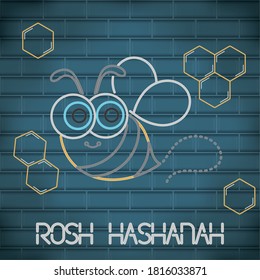 Rosh Hashanah neon poster with a bee cartoon - Vector