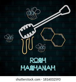 Rosh Hashanah neon poster with a honey dipper - Vector