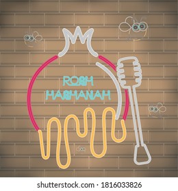 Rosh Hashanah neon poster with a honey dipper and pomegranate - Vector