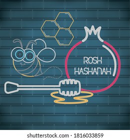 Rosh Hashanah neon poster with a honey dipper and pomegranate - Vector