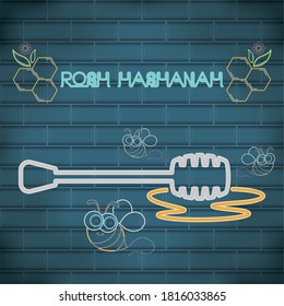 Rosh Hashanah neon poster with a honey dipper- Vector