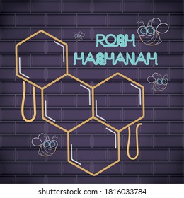 Rosh Hashanah neon poster. Honeycomb with honey - Vector