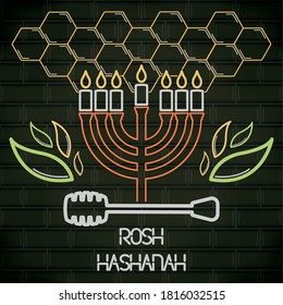 Rosh Hashanah neon poster with a menorah and honey dipper - Vector