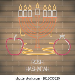 Rosh Hashanah neon poster with a menorah and fruits - Vector