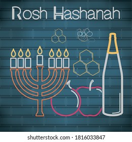 Rosh Hashanah neon poster with a menorah- Vector