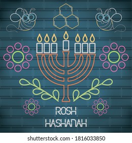 Rosh Hashanah neon poster with a menorah- Vector