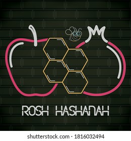 Rosh Hashanah neon poster with a pomegranate and apple - Vector