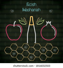 Rosh Hashanah neon poster with a pomegranate, apple and bottle - Vector