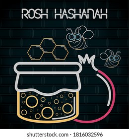 Rosh Hashanah neon poster with a pomegranate and honey glass - Vector