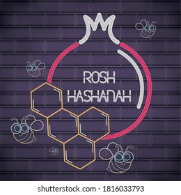 Rosh Hashanah neon poster with a pomegranate - Vector