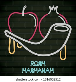 Rosh Hashanah neon poster with a tobacco pipe and fruits - Vector
