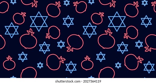 Rosh Hashanah neon seamless pattern. Jewish New Year background. Israel holiday concept.