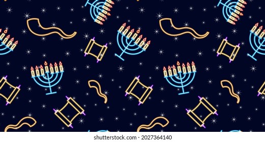 Rosh Hashanah neon seamless pattern. Jewish New Year background. Israel holiday concept.