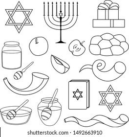 Rosh Hashanah outline icons set. Jewish New Year holiday elements collection with honey, apples, candles, jewish stars, shofar, torah . Shana Tova vector isolated illustration