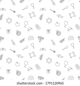 Rosh Hashanah outline seamless pattern. Jewish New Year Holiday background. Vector illustration