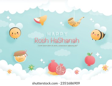 Rosh Hashanah paper cut style. Vector illustration