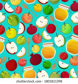 Rosh Hashanah pattern. Jewish New Year background. Jewish Holiday, Happy Rosh Hashanah print. Honey, apples pomegranate, colorful seamless backdrop. Traditional celebrated Rosh Hashanah eating.