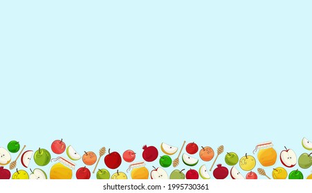 Rosh Hashanah pattern. Jewish New Year background. Jewish Holiday, Happy Rosh Hashanah print. Honey, apples pomegranate, colorful seamless backdrop. Traditional celebrated Rosh Hashanah eating.