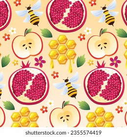 Rosh Hashanah pattern. Rosh Hashanah Seamless Pattern background. Translation from Hebrew - Happy New Year. Jewish New Year concept. Vector illustration. Pattern for Poster, Banner. Shana tova.