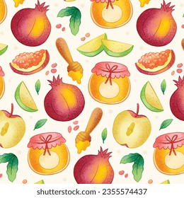 Rosh Hashanah pattern. Rosh Hashanah Seamless Pattern background. Translation from Hebrew - Happy New Year. Jewish New Year concept. Vector illustration. Pattern for Poster, Banner. Shana tova.