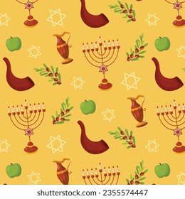 Rosh Hashanah-Muster. Rosh Hashanah Nahtlose Muster Hintergrund. Übersetzung aus Hebräisch - Frohes neues Jahr. Jüdisches Neujahrskonzept. Vektorgrafik. Muster für Poster, Banner. Shana tova.