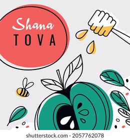 Rosh hashanah postcard on grey background. Jewish traditional new year celebration with colorful greeting cards. Colorful elements with pomegranate. Flat cartoon vector illustration