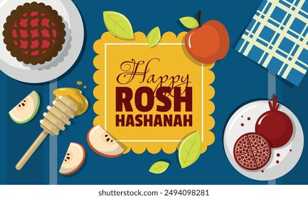 Rosh Hashanah poster with celebratory elements on the table