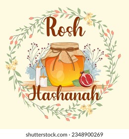 Rosh Hashanah Poster Design with a Jar of Honey, Apple and Pomegranate. Jewish New Year Template
