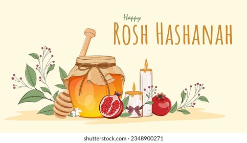 Rosh Hashanah Poster Design with a Jar of Honey, Apple and Pomegranate. Jewish New Year Template
