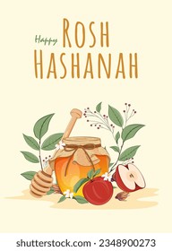 Rosh Hashanah Poster Design with a Jar of Honey, Apple and Pomegranate. Jewish New Year Template
