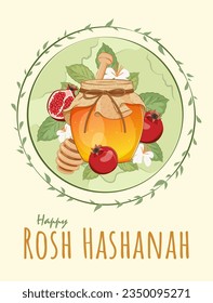 Rosh Hashanah Poster Design mit einem Jar Honig, Apple und Pomegranat. Vorlage für jüdisches Neujahr
