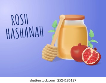 Rosh Hashanah Poster Design with a Jar of Honey, Apple and Pomegranate. Jewish New Year Template. 3D illustration vector. Celebrating banner