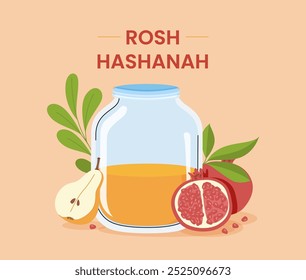 Rosh Hashanah Poster Design mit einem Glas Honig, Apfel und Granatapfel. Honig, Apfel, Granatapfel und Biene. Vorlage für jüdisches Neujahr