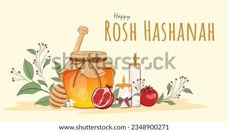 Rosh Hashanah Poster Design with a Jar of Honey, Apple and Pomegranate. Jewish New Year Template
