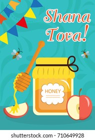 Rosh Hashanah poster, flyer, invitation, greeting card. Shana Tova is a template for your design with traditional symbols. Jewish holiday. Happy New Year in Israel. Vector illustration