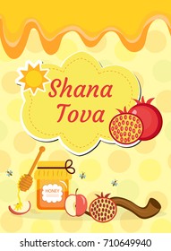 Rosh Hashanah poster, flyer, invitation, greeting card. Shana Tova is a template for your design with traditional symbols. Jewish holiday. Happy New Year in Israel. Vector illustration