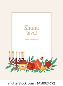 Rosh Hashanah poster, greeting card or invitation template with Shana Tova inscription decorated by menorah, shofar horn, honey, apples, pomegranates. Flat vector illustration for Jewish New Year.