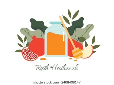 Rosh Hashanah poster. Honey in glass jar and pomegranate. Jewish annual holiday and event. Slice of apple. Greeting postcard. Cartoon flat vector illustration isolated on white background