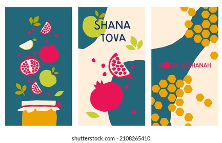 Rosh Hashanah poster set. Pomegranates and apples with honey for the Jewish New Year. Modern style