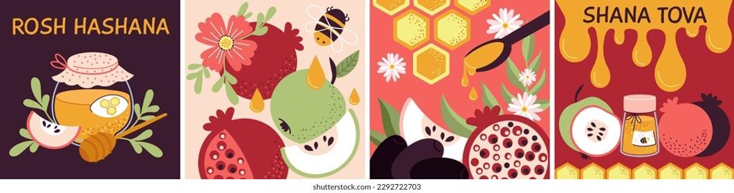 Rosh hashanah posters. Shana tova honey cards, happy holidays celebration. Banners with apples, pomegranate and harvest elements decent vector template