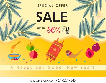 Rosh Hashanah Sale gift card - Jewish New Year elements. Shana Tova! Hebrew - Have a sweet year. Honey and apple, shofar, pomegranate, vintage torah scroll banner. Rosh hashana, sukkot Jewish Holiday