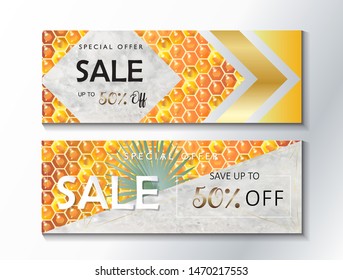 Rosh Hashanah Sale gift cards set - Jewish New Year elements. Shana Tova! Hebrew - Have a sweet year. Honey apple, shofar, honeycomb gold pattern marble banner Shop Rosh hashana, sukkot Autumn Holiday